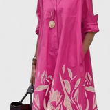 Valentina – Vestido Midi Rosa con Estampado Botánico para una Elegancia Radiante
