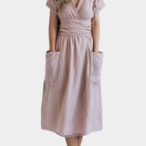 Claudia – Vestido de Algodón con Escote en V y Cintura Ajustable para una Elegancia Confortable