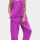 Lola – Conjunto de Chaleco y Pantalón Sin Mangas en Algodón Lino con Estilo Único y Elegante