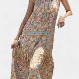 Teófila – Vestido Largo con Estampado de Tesoros del Océano, Elegancia y Encanto Marítimo