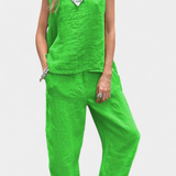 Lola – Conjunto de Chaleco y Pantalón Sin Mangas en Algodón Lino con Estilo Único y Elegante