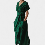 Claudia – Vestido de Algodón con Escote en V y Cintura Ajustable para una Elegancia Confortable