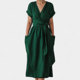 Claudia – Vestido de Algodón con Escote en V y Cintura Ajustable para una Elegancia Confortable